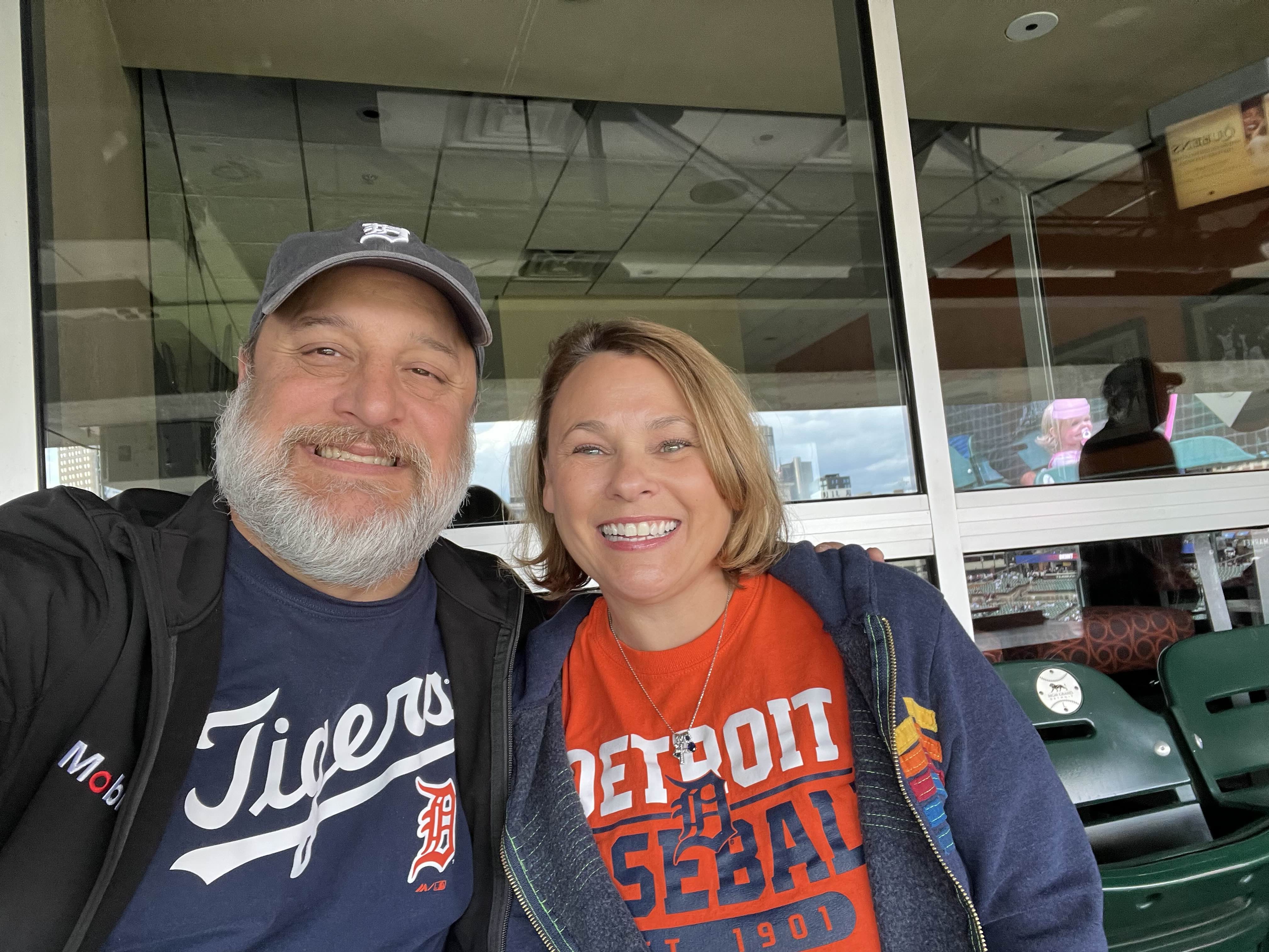 My parents in a suite at a Tiger's game.
